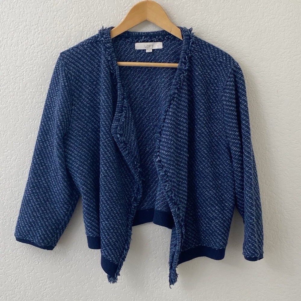 LOFT Sweater Cardigan Size Large Blue Open Front Fringe 3/4 Sleeve